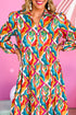 Multi-Color Abstract Geometric Print Long Sleeve High Waist Dress